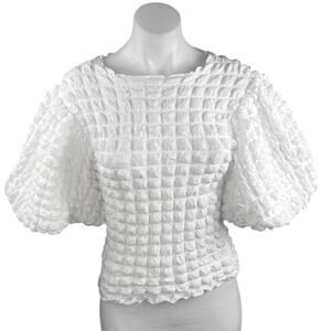 Eri + Ali Women's White Textured Bubble Short Puff Sleeve Crop Blouse Top Sz XXS